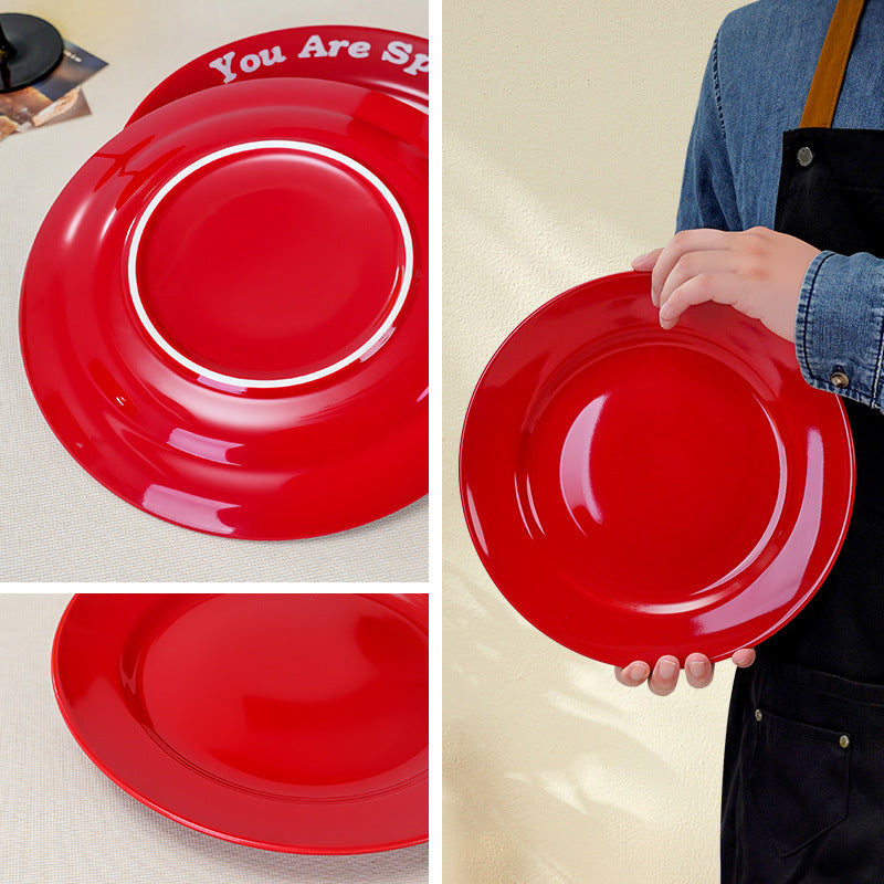 housewarming joy big red simple pure red ceramic fruit plate exquisite restaurant hotel western food steak plate pure color