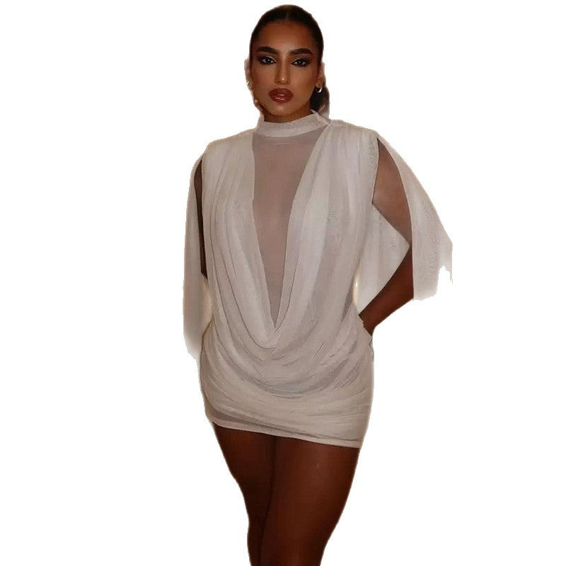 European and american style solid color breathable women's pleated vacation bodycon mini dress with stand collar - wholesale summer collection