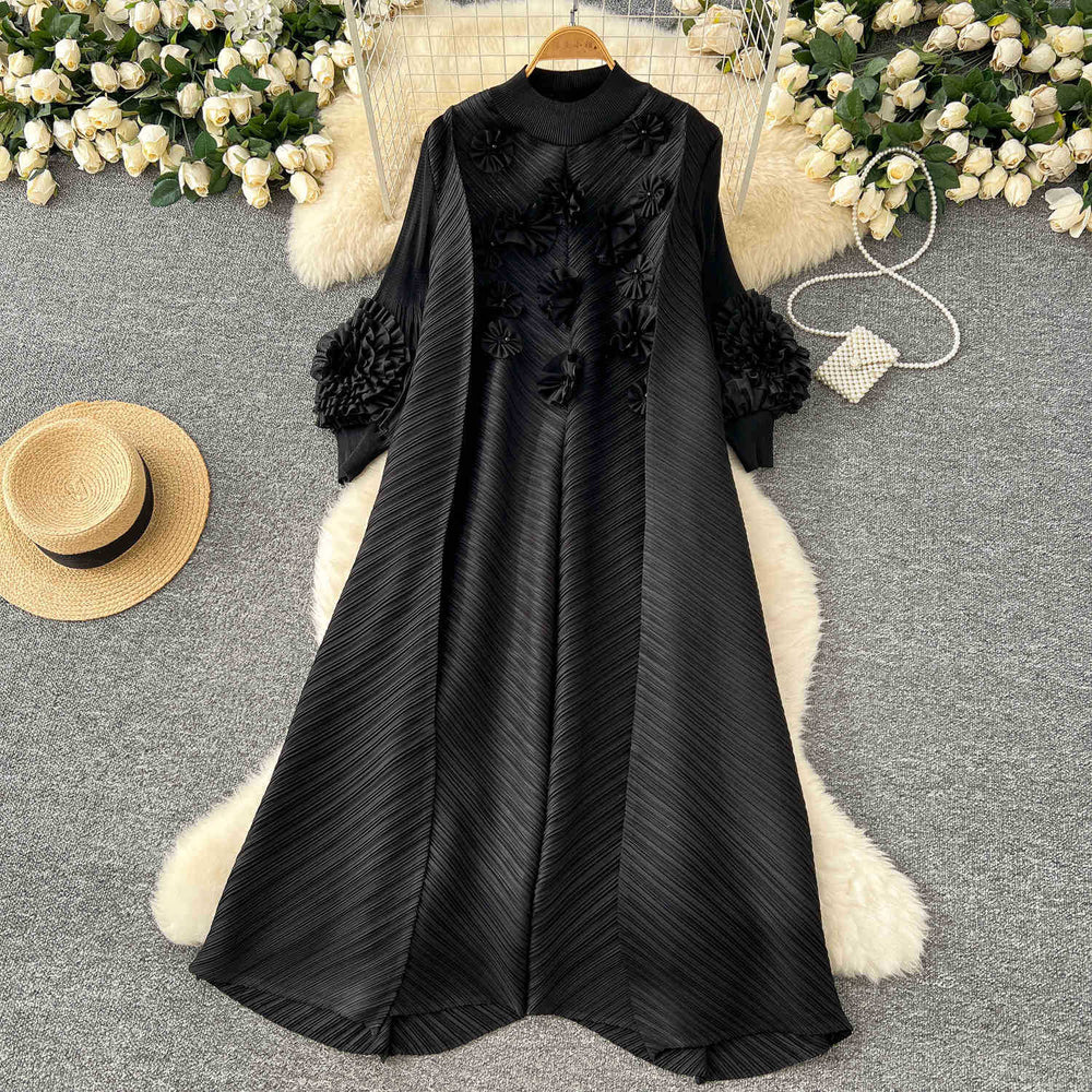 Miya pleated dress - spring  collection: high-end beaded, 3d floral, lantern sleeve, loose fit, pleated maxi dress