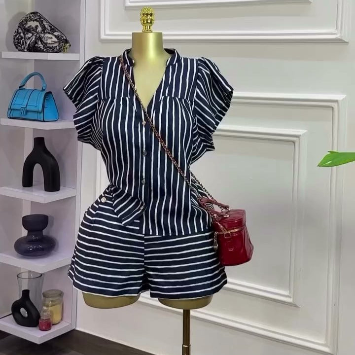 European and american cross-border women's fashion:  summer new arrival - chic v-neck striped short-sleeve shirt and high-waisted shorts set