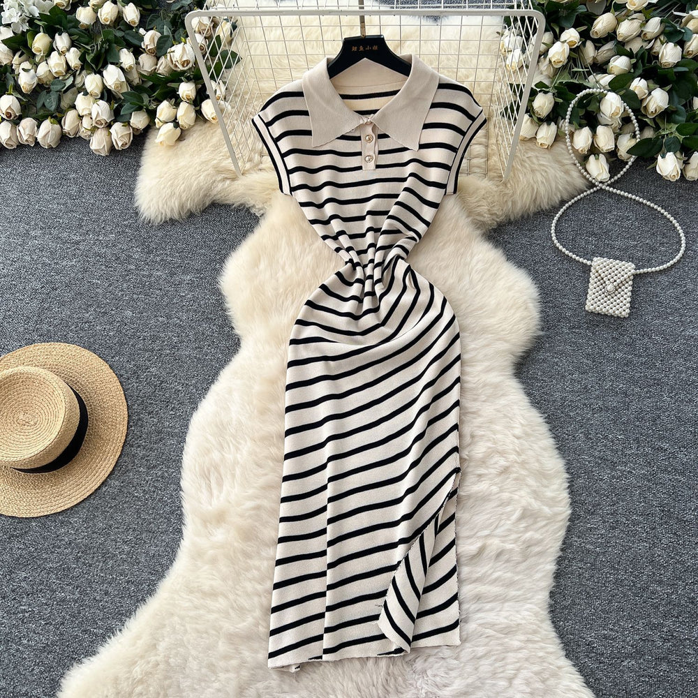 Korean chic summer dress: niche retro polo collar short sleeve striped midi dress - women's slim fit, elegant slit design