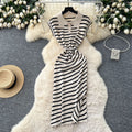 Korean chic summer dress: niche retro polo collar short sleeve striped midi dress - women's slim fit, elegant slit design