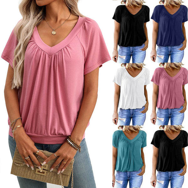 Europe and the United States  2025 summer TK women's clothing new V-neck pleated loose short-sleeved cotton T-shirt women