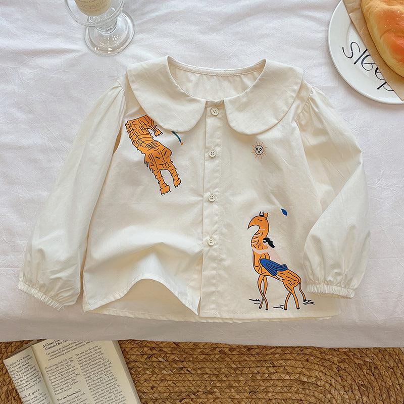 Girl heavy industry shirt  autumn new kidsembroider doll collar shirt sweet girl baby lantern sleeve tops