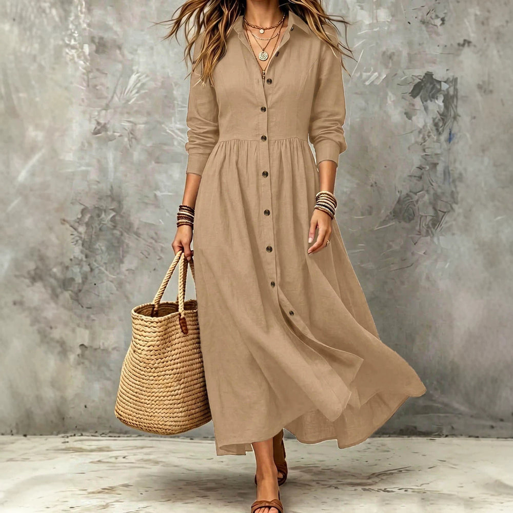 Plus size women's vintage shirt dress - long sleeve, button-down, notched collar, buttoned waist, pleated, flowy, loose fit, vacation style