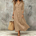 Plus size women's vintage shirt dress - long sleeve, button-down, notched collar, buttoned waist, pleated, flowy, loose fit, vacation style
