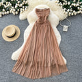 French sleeveless bandeau pleated dress women's summer high waist slimming elegant long mesh gown