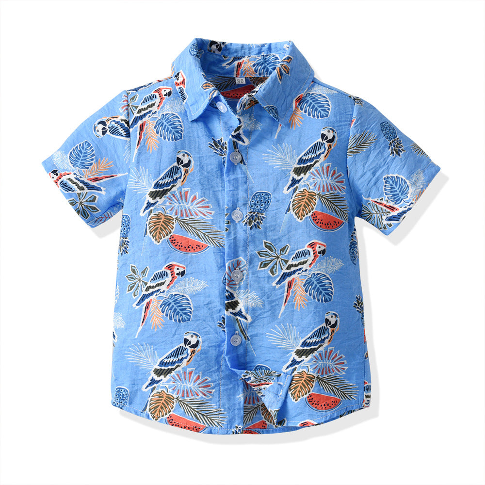 Summernew arrival cross-border kids shirt short-sleeved shirt fried handsome retro beach style printingshirt boys shirt