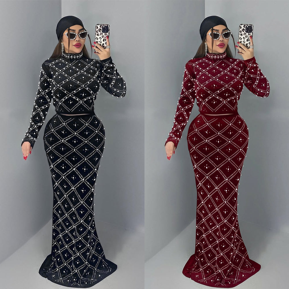 C7618 cross-border   fashion women's elegance hot diamond bubble beads tops long skirt two-piece set