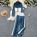 Hong kong style casualsuit women's high waistpatchwork denim wide legstraight-leg pants two-piece setfashion lapel jacketoutwear
