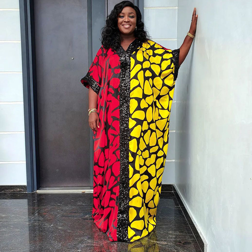 e-commerce  independent station african plus size women's clothing velvet sequined dress patchwork printed robe