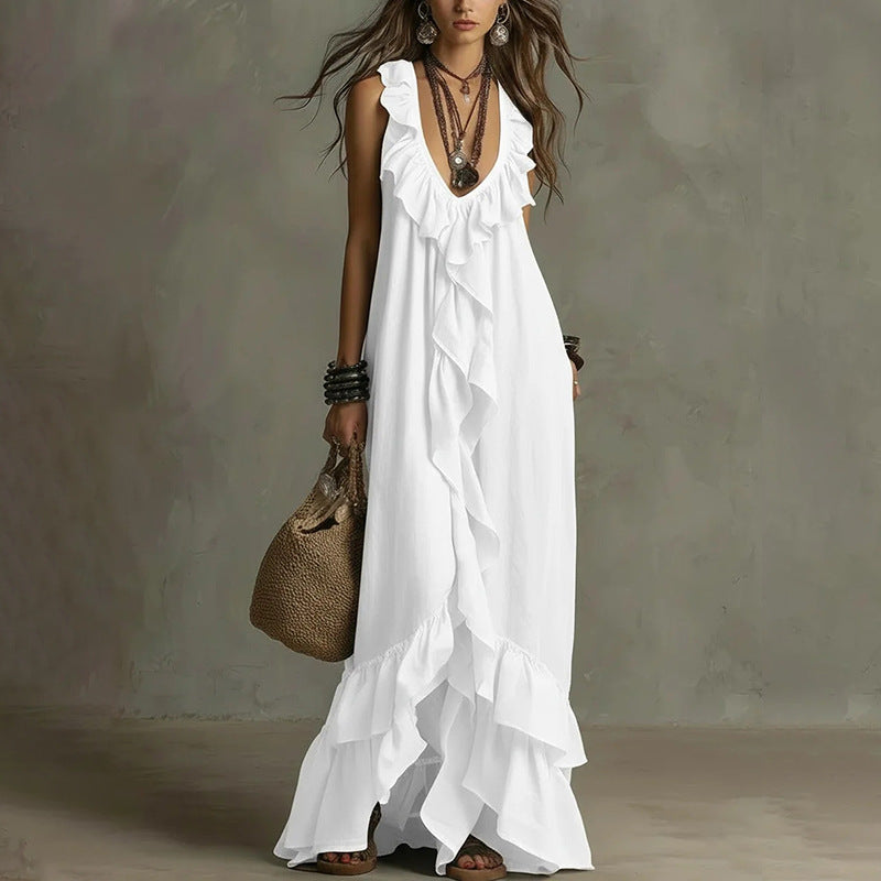 summer new women's fashion: european and american style cross-border dress - stylish, elegant, loose-fit a-line maxi dress with lace trim