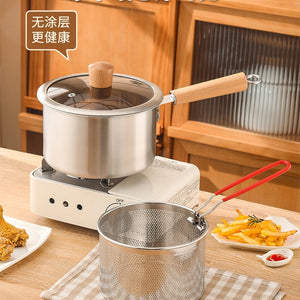 Stainless steel deep fryer - non-coated, home kitchen use, with lid and basket - small fryer for baby food and small milk pot