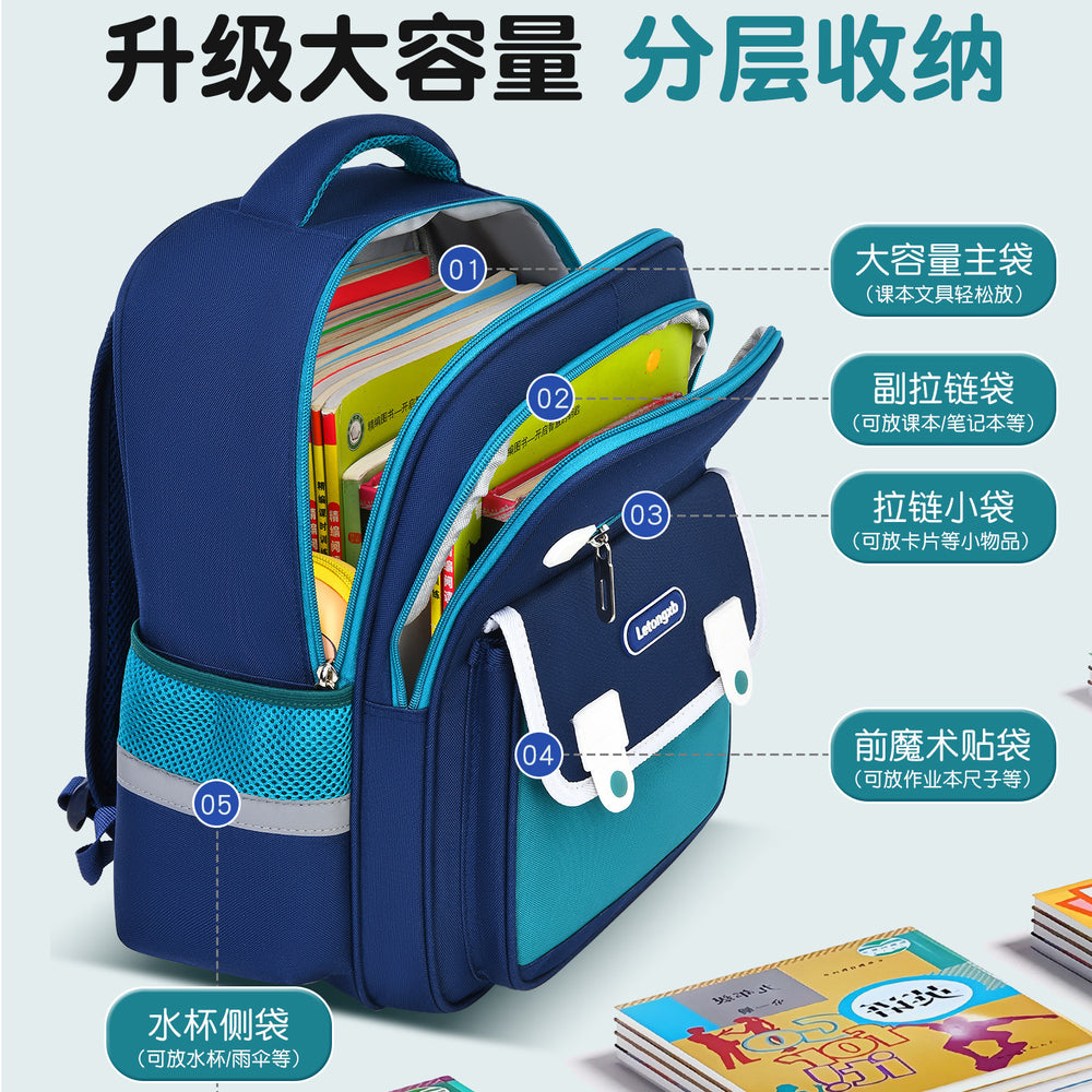 New elementary school backpack for boys and girls, grades 1-6, waterproof, lightweight, spine-protecting kids' backpack