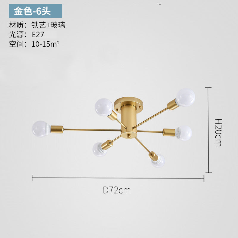 wholesale creative bedroom multi-head ceiling lamp scandinaviancasual iron art dining room living room study golden ceiling lamp
