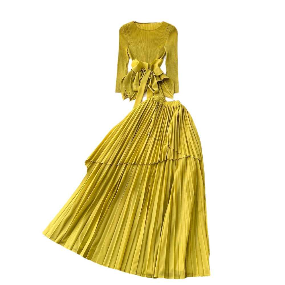 fashion style miyake pleated tie back waist asymmetrical hem pleated tops pleated skirt suit for women