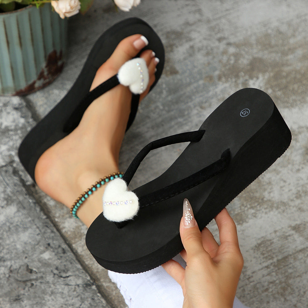 Women's character sandals & slippers - korean style faux suede heart rhinestone mid-heel everyday casual beach platform wedge sandals