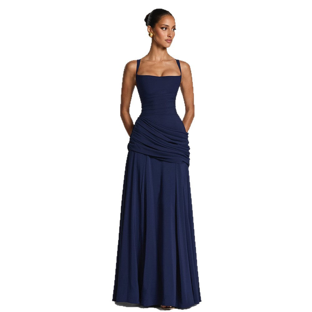 European and american style women's spring  new arrival: elegant solid color low-cut ruched camisole dress with cinched waist and open back - wholesale
