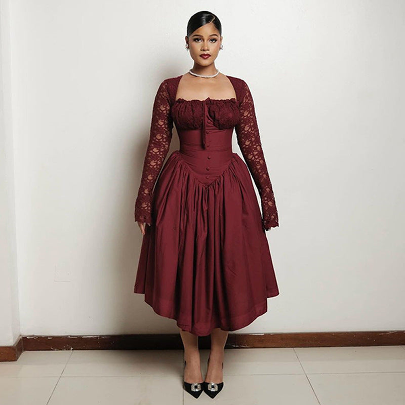 European and american cross-border women's fashion:  summer new arrival - elegant square neck lace long sleeve cinched waist solid color midi dress
