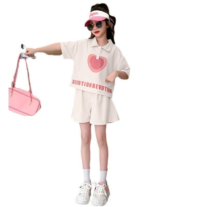 Girls' color block short-sleeve set -  summer new arrival: stylish and chic kids' polo shirt and shorts two-piece outfit