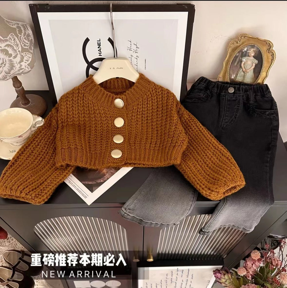 Girls' spring  new korean style knitted thickened sweater and tie-dye denim flare pants two-piece set for children