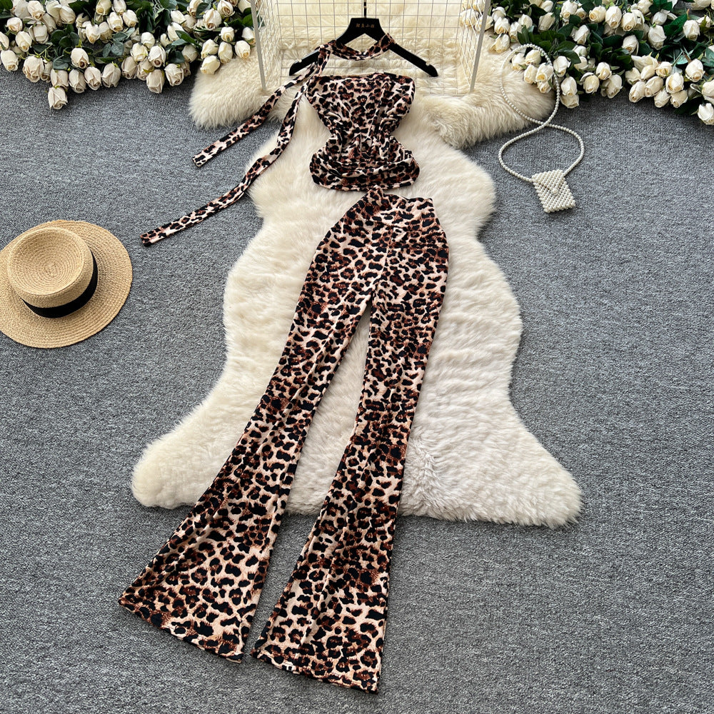 Fashion ins scheming sense of design sleeveless slanted shoulder short leopard print vest women's high waist hip-covering slightly flared pantssuit