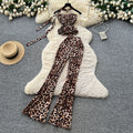 Fashion ins scheming sense of design sleeveless slanted shoulder short leopard print vest women's high waist hip-covering slightly flared pantssuit