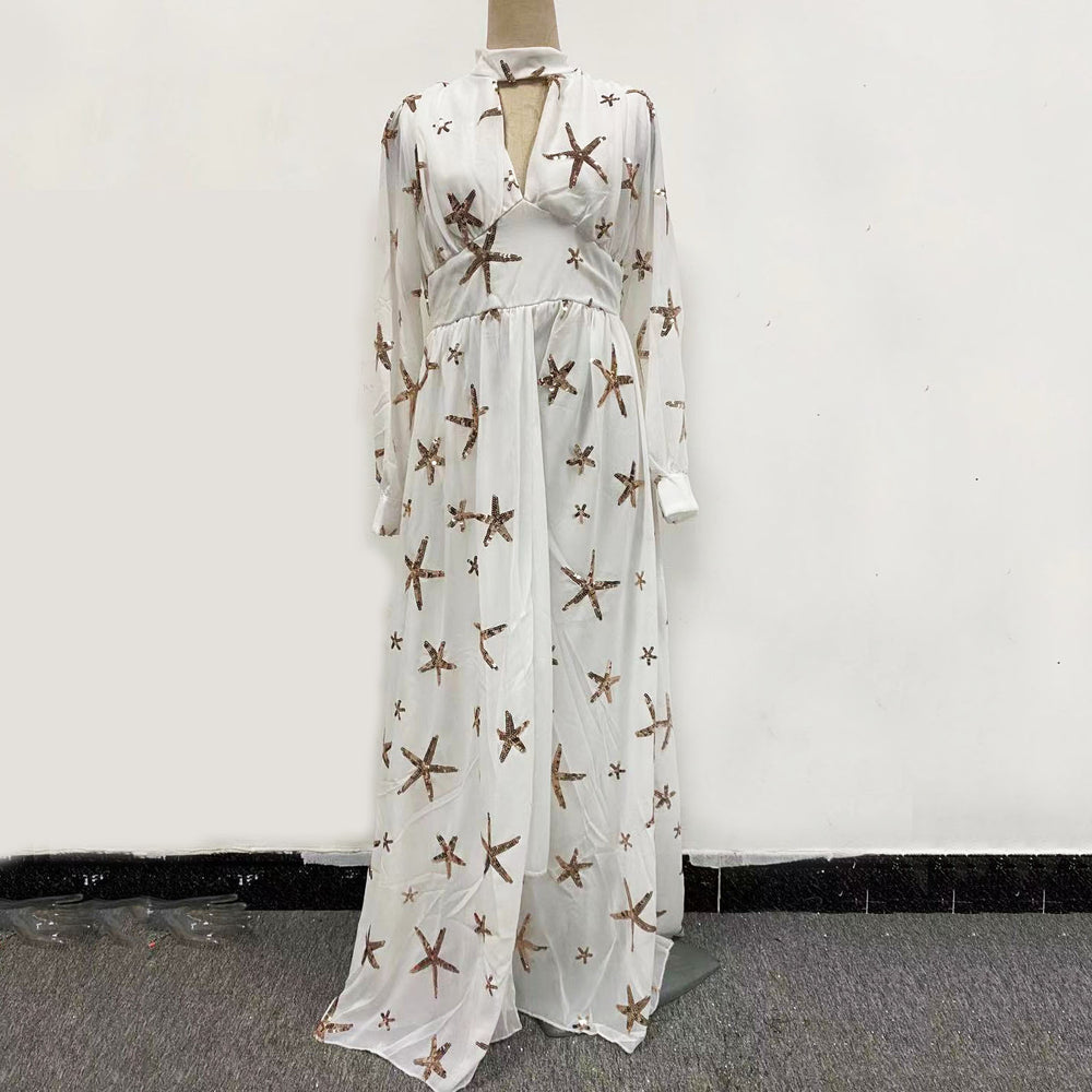 2025 new arrival: multi-color, ready-to-ship, semi-high neck, sequin-embellished, slit, lantern sleeve, maxi chiffon dress