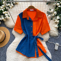 K-stylepatchworkcomfortable breathable waist-cinching denim shirt for women, light and mature style, tie backslimming look, easiest for match style tops