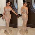 C6198   fashion women's solid color mesh see-through rhinestone long sleeve maxi dress