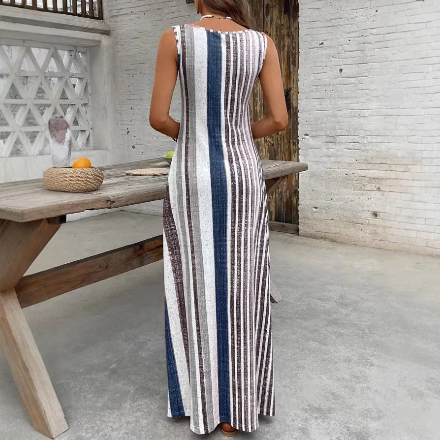 summer european and american cross-border new fashion striped slit maxi dress