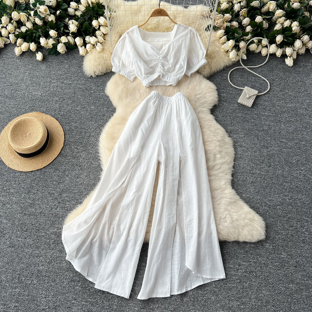 Sense of design scheming pleated v neckshort puff sleeve tops women's two-piece setsummerhigh waist slit loose pants