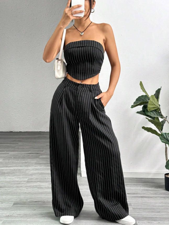 cross-border fashion shein women's striped strapless top and loose, slimming suit pant set