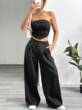 cross-border fashion shein women's striped strapless top and loose, slimming suit pant set