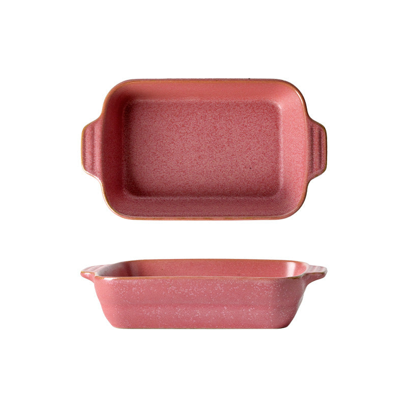 Creative kiln-turned double-ear ceramic baking dish baking tool cheese rice pizza plate pasta plate barbecue rectangular plate