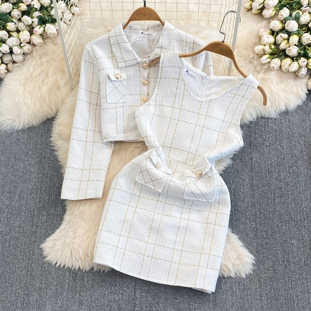 Autumn winter tweed style socialite elegantlong sleeves tweed outweartwo-piece set waist vest hip cover dress women