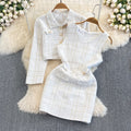 Autumn winter tweed style socialite elegantlong sleeves tweed outweartwo-piece set waist vest hip cover dress women