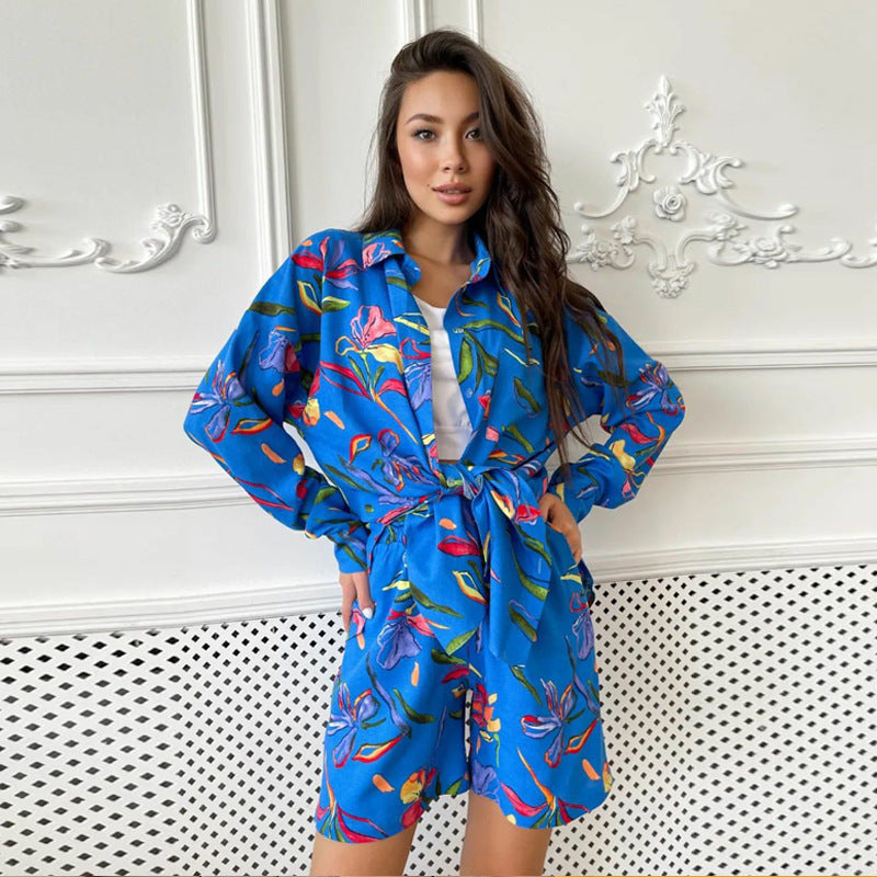 European and American large-size women's clothing fashion lapel cardigan shirt casual shorts   long-sleeved printing two-piece set women