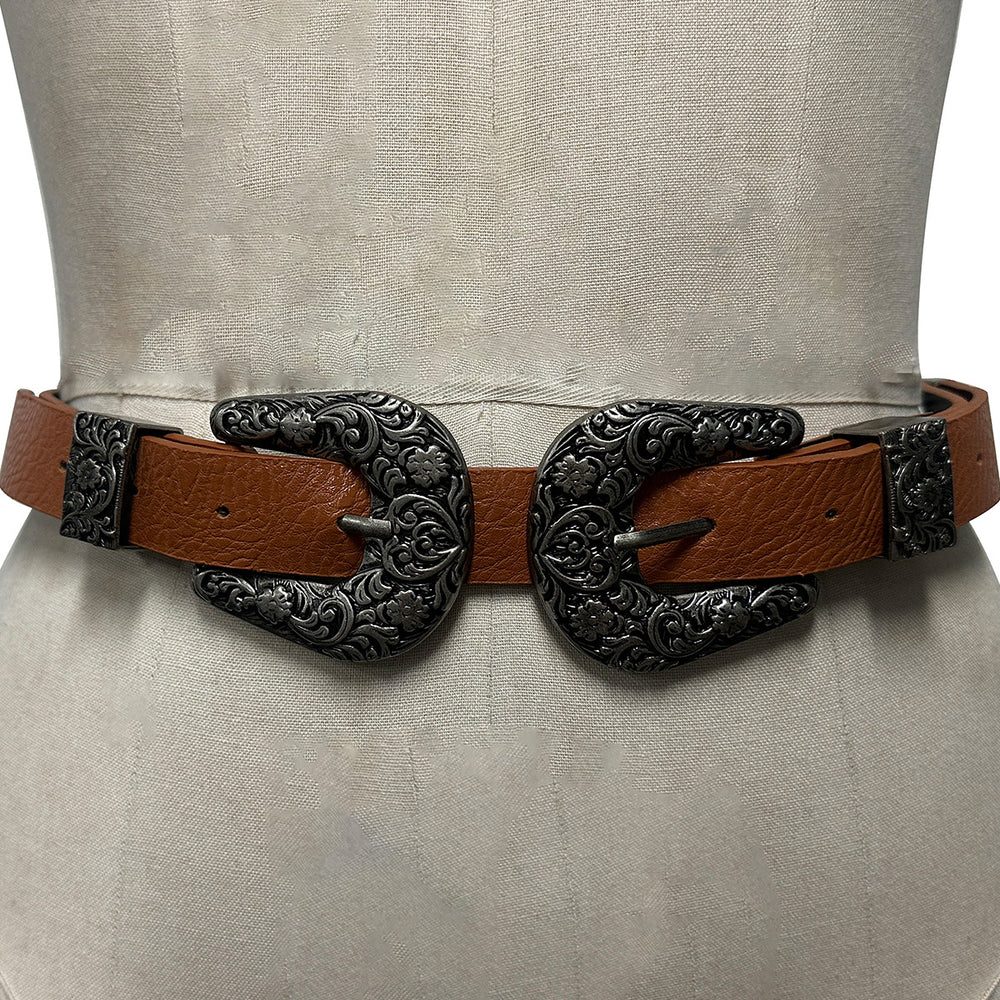 60061#   fashion retro carved double-ended buckle belt - european and american style versatile women's waist belt