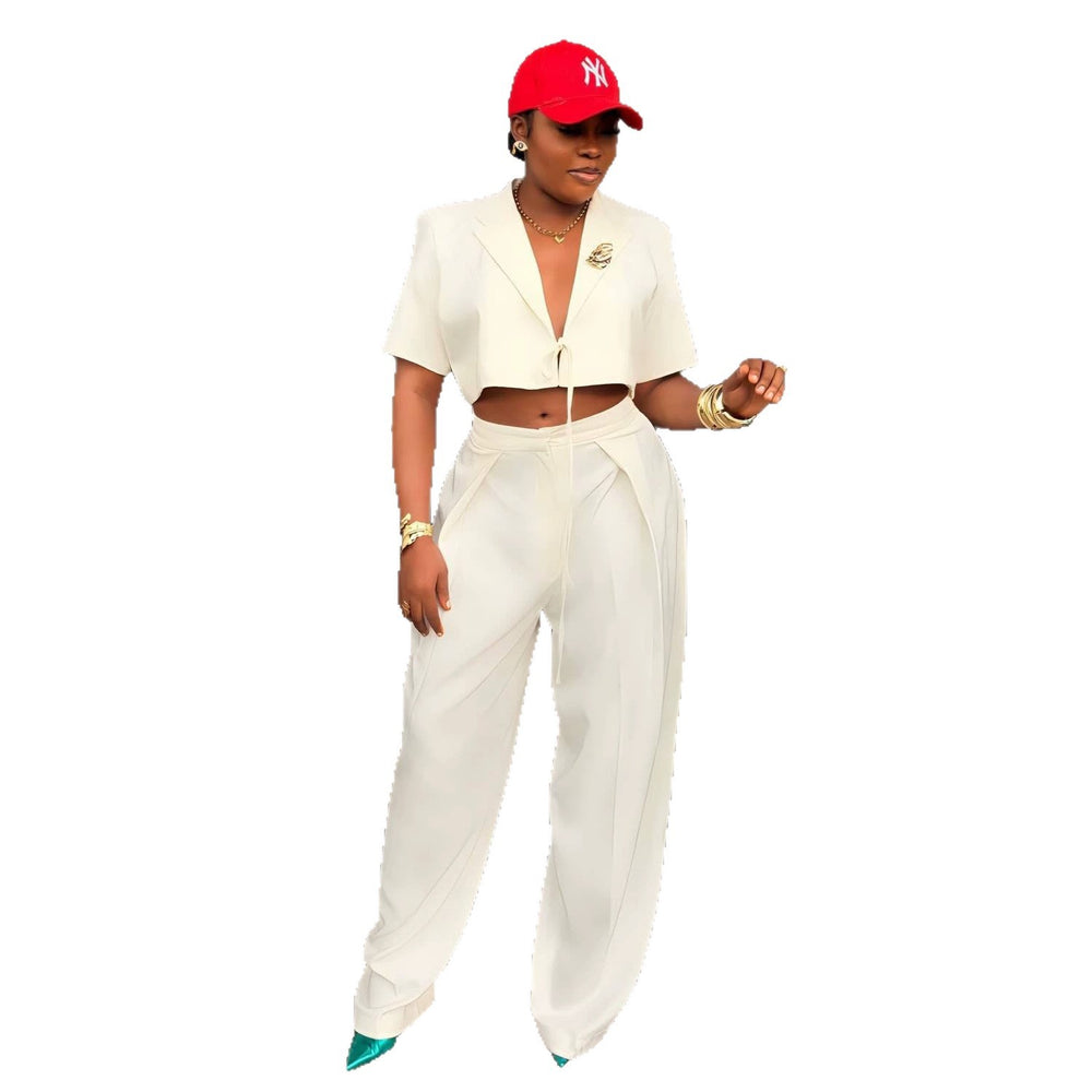European and american cross-border women's fashion:  summer new arrival - stylish lapel tie-front short sleeve blouse and wide-leg suit pants set