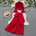 Light mature style red lantern sleeve stereo flower two-piece set women's spring waist pleated skirt classyelegantsuit