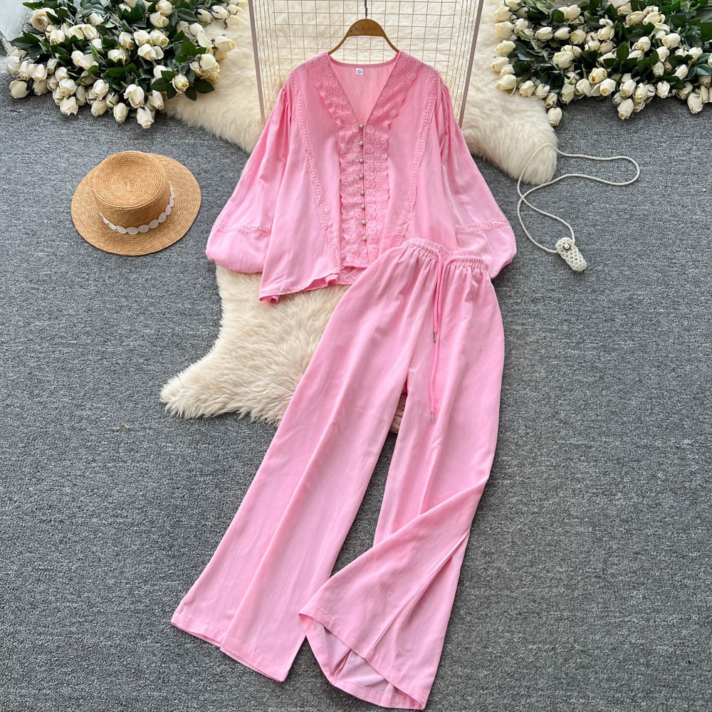 Classy sense of dressing for women autumloosecasuallacepatchwork lantern sleeve v neck shirt high waist wide leg straight-leg pants