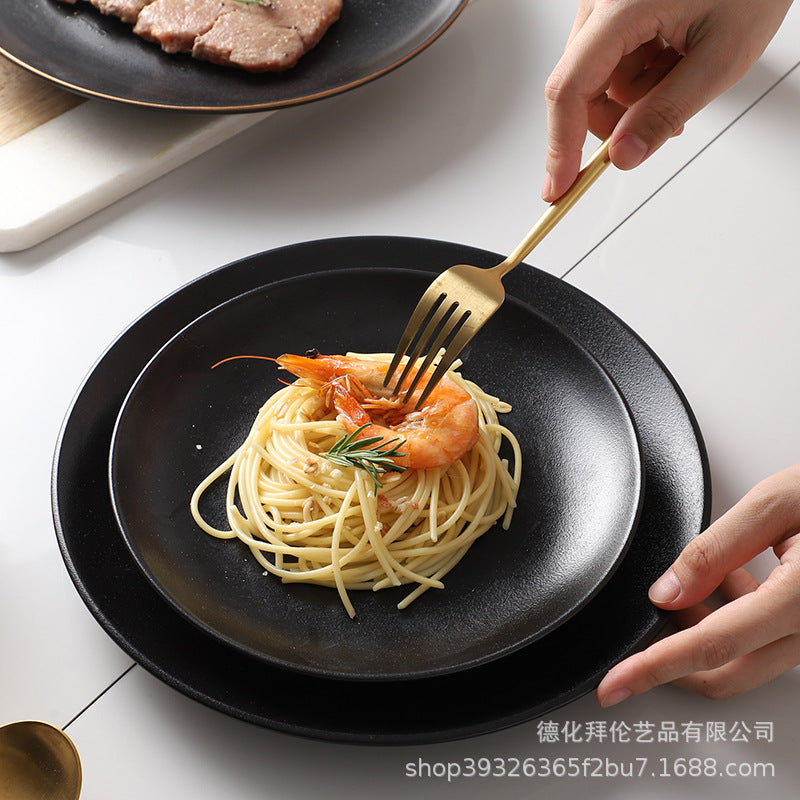 Creative black matte steak plate, japanese-style western dinner plate, commercial ceramic shallow dish for hotel and restaurant use, microwave safe