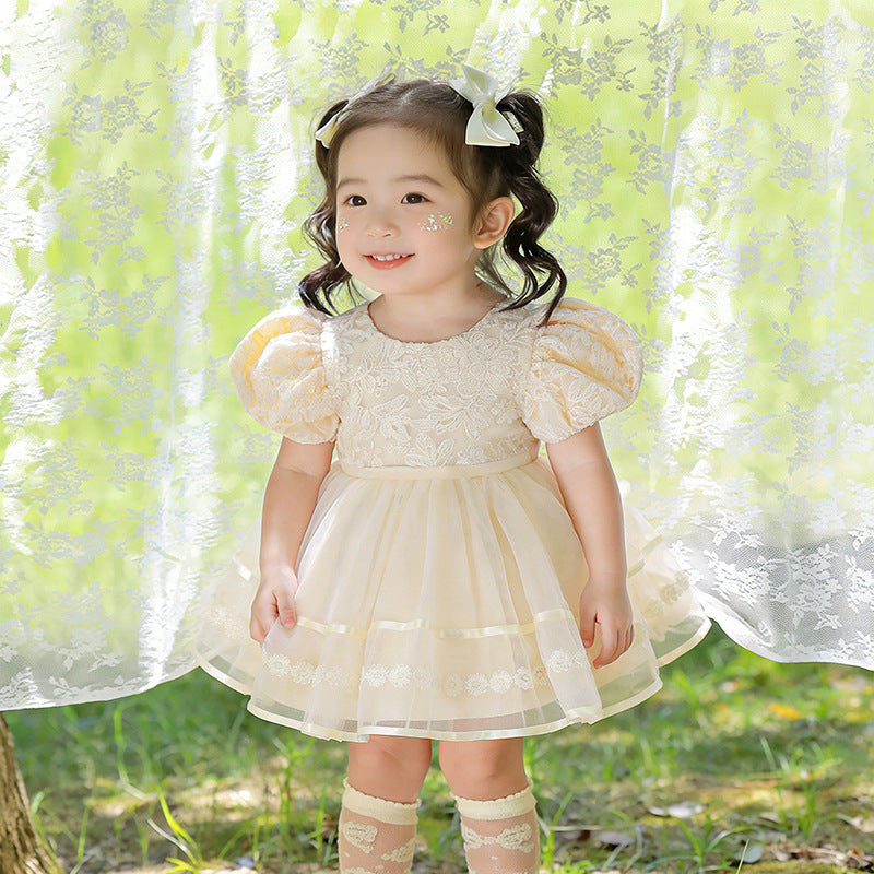 Girls' new birthday party & baby shower lace dress - baby's first birthday performance bow dress - cross-border wholesale
