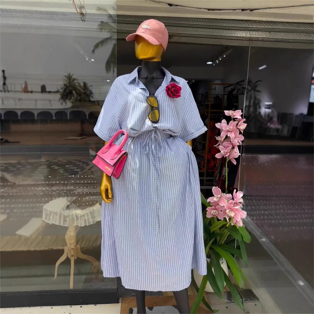 European and american cross-border women's fashion:  summer new collection - stylish loose-fit blue striped shirt and tie-waist midi skirt set