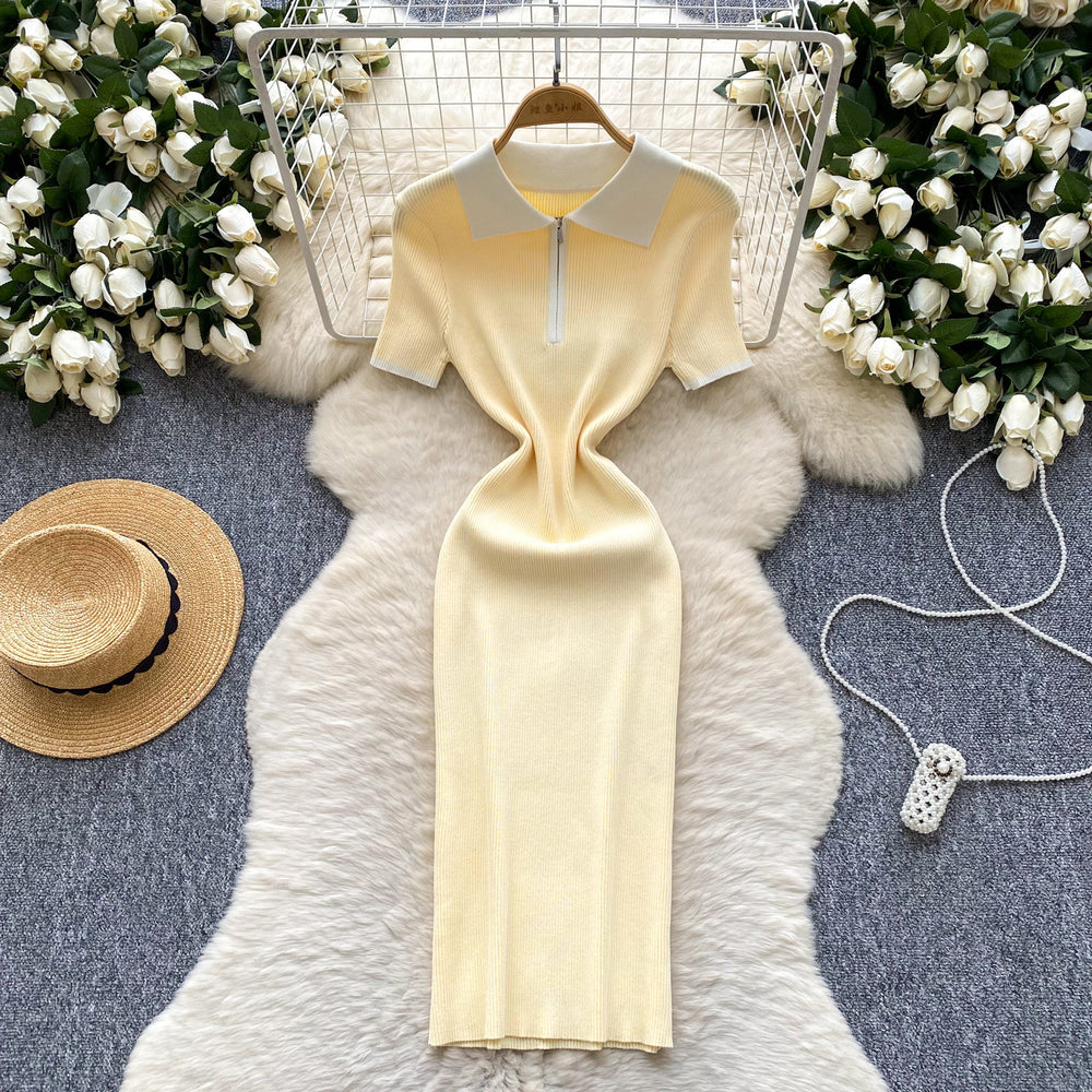 Korean ins summer new style niche styleretro polo collar short sleeve silmslimming lookelegant hip-covering knittingdress