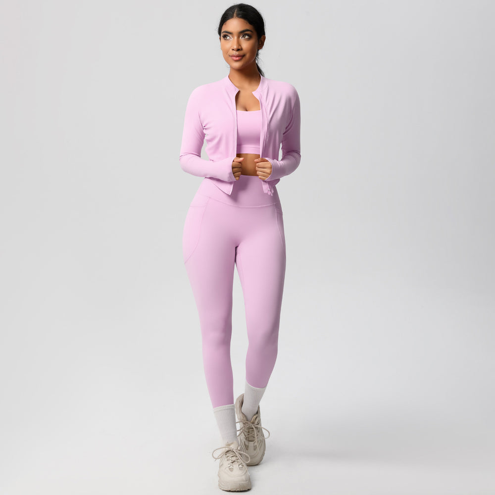 European and american new high-waisted tight-fitting pocket yoga outfit set - quick-dry brushed fabric, outdoor running fitness activewear three-piece set