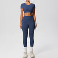 Ready-to-ship cross-border double-sided nylon brushed naked feel tight-fitting activewear yoga set - running & fitness short sleeve two-piece outfit