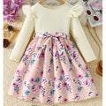 Girls' fall knit dress: floral patchwork, round neck, flutter sleeves, and belted design - cute kids' dress for export