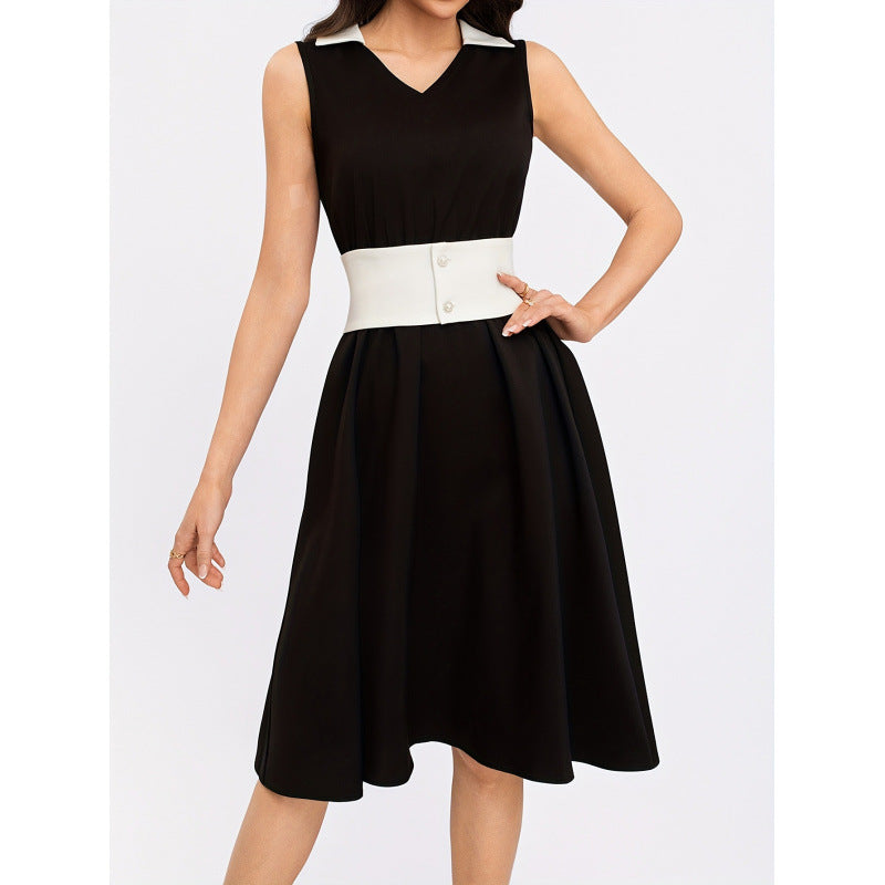 Aliexpress cross-border new women's original black and white patchwork pearl button sleeveless solid color dress